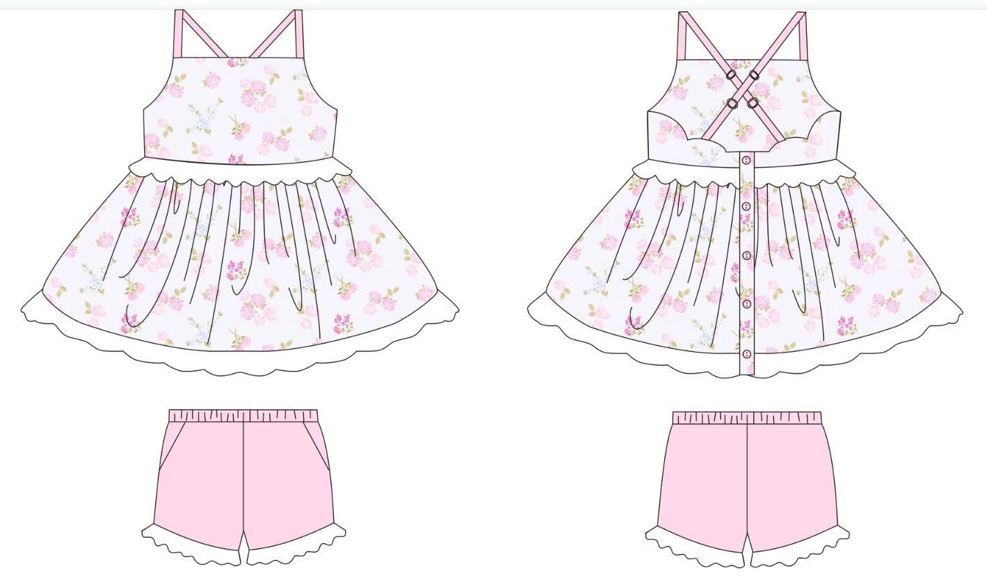 Pink floral top matching shorts girl summer outfit preorder