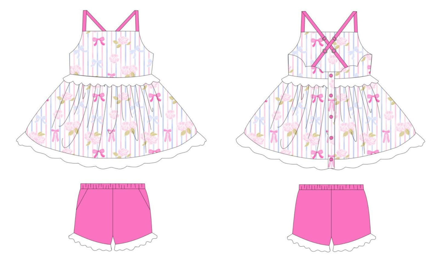 Pink bow floral top matching shorts girl summer outfit preorder