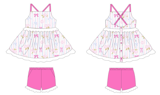 Pink bow floral top matching shorts girl summer outfit preorder
