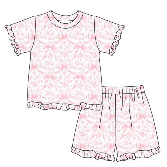 Pink bow top matching shorts girls summer outfit preorder