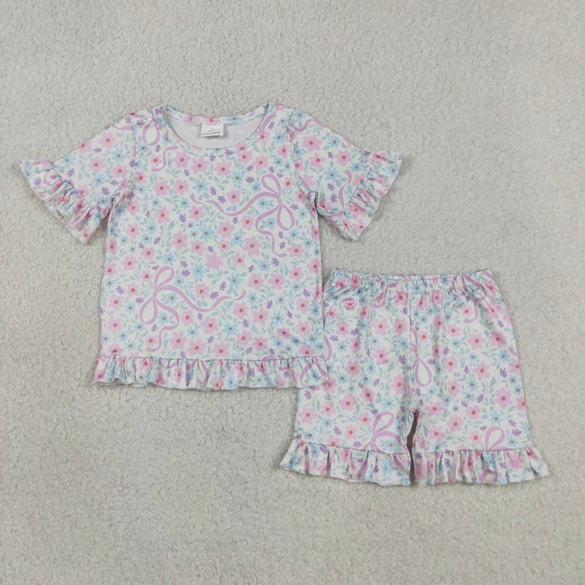 Blue bow top matching shorts girls summer outfit