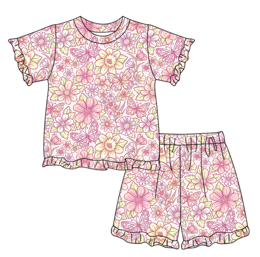 Pink  flowers top matching shorts girls summer outfit preorder