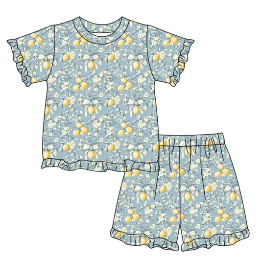 Lemon flowers top matching shorts girls summer outfit preorder