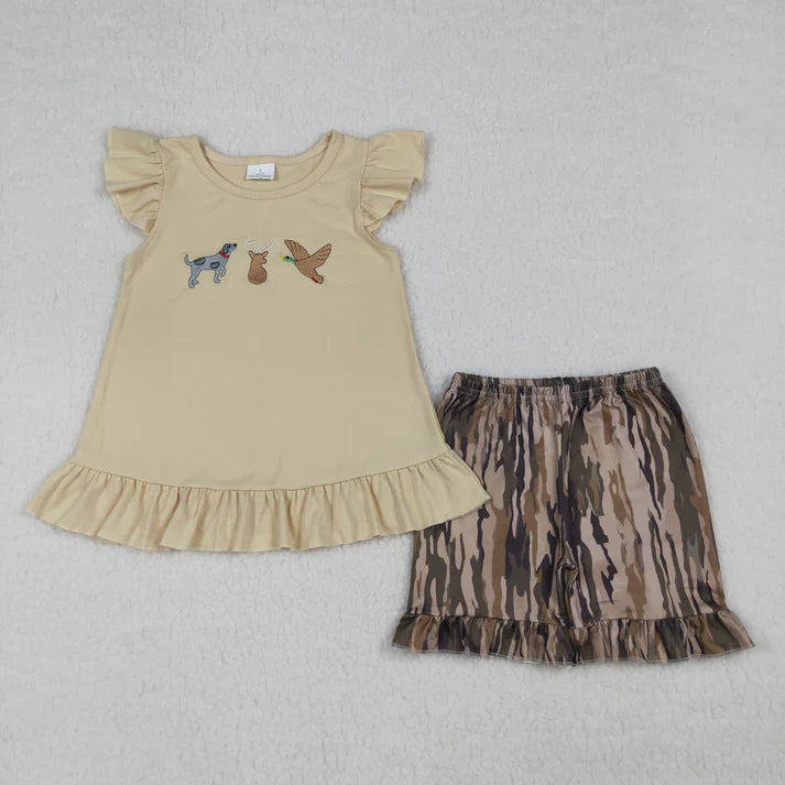 Embroidery Deer duck dog top matching shorts boy summer outfit