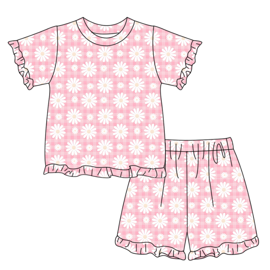 Pink flowers short sleeve top matching shorts girls outfit preorder