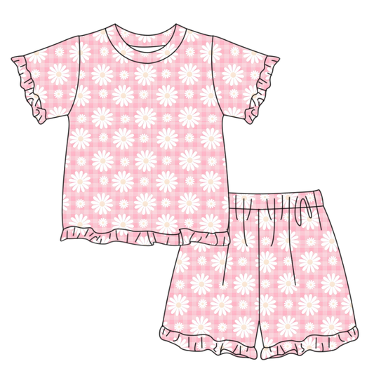 Pink flowers short sleeve top matching shorts girls outfit preorder