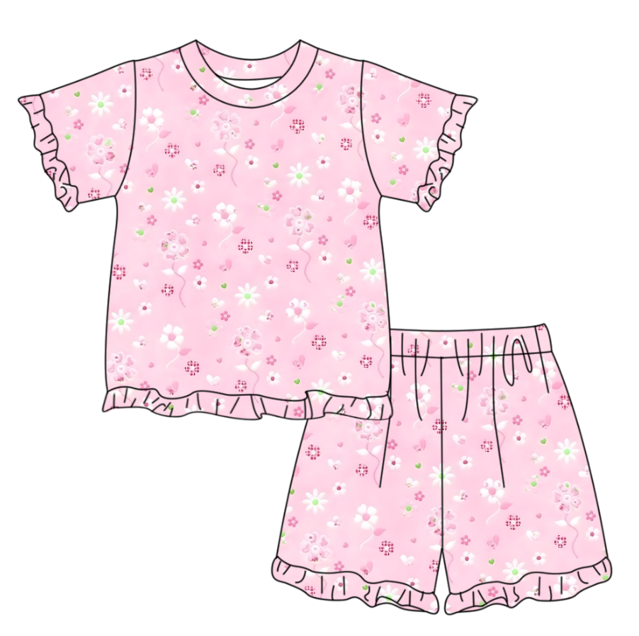 Pink flowers short sleeve top matching shorts girls summer outfit preorder