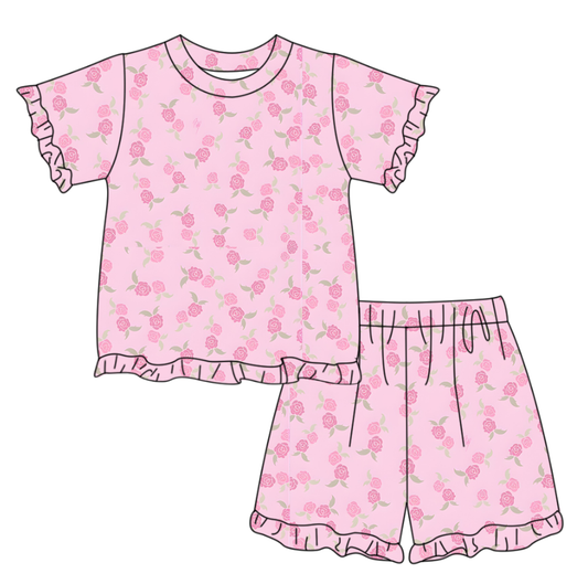 Pink flowers short sleeve top matching shorts girls summer outfit preorder