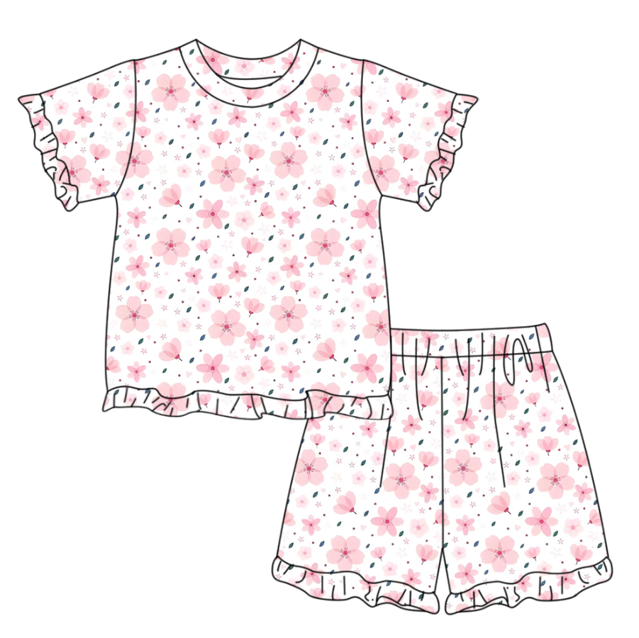 Pink flowers short sleeve top matching shorts girls summer outfit preorder