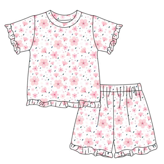 Pink flowers short sleeve top matching shorts girls summer outfit preorder