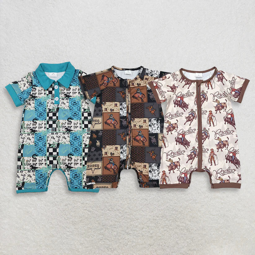 cowboy rodeo short sleeve zip romper