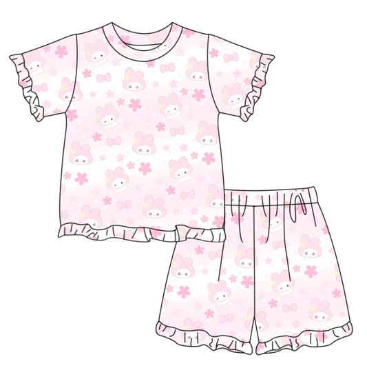 Pink flowers short sleeve top matching shorts girls summer outfit preorder
