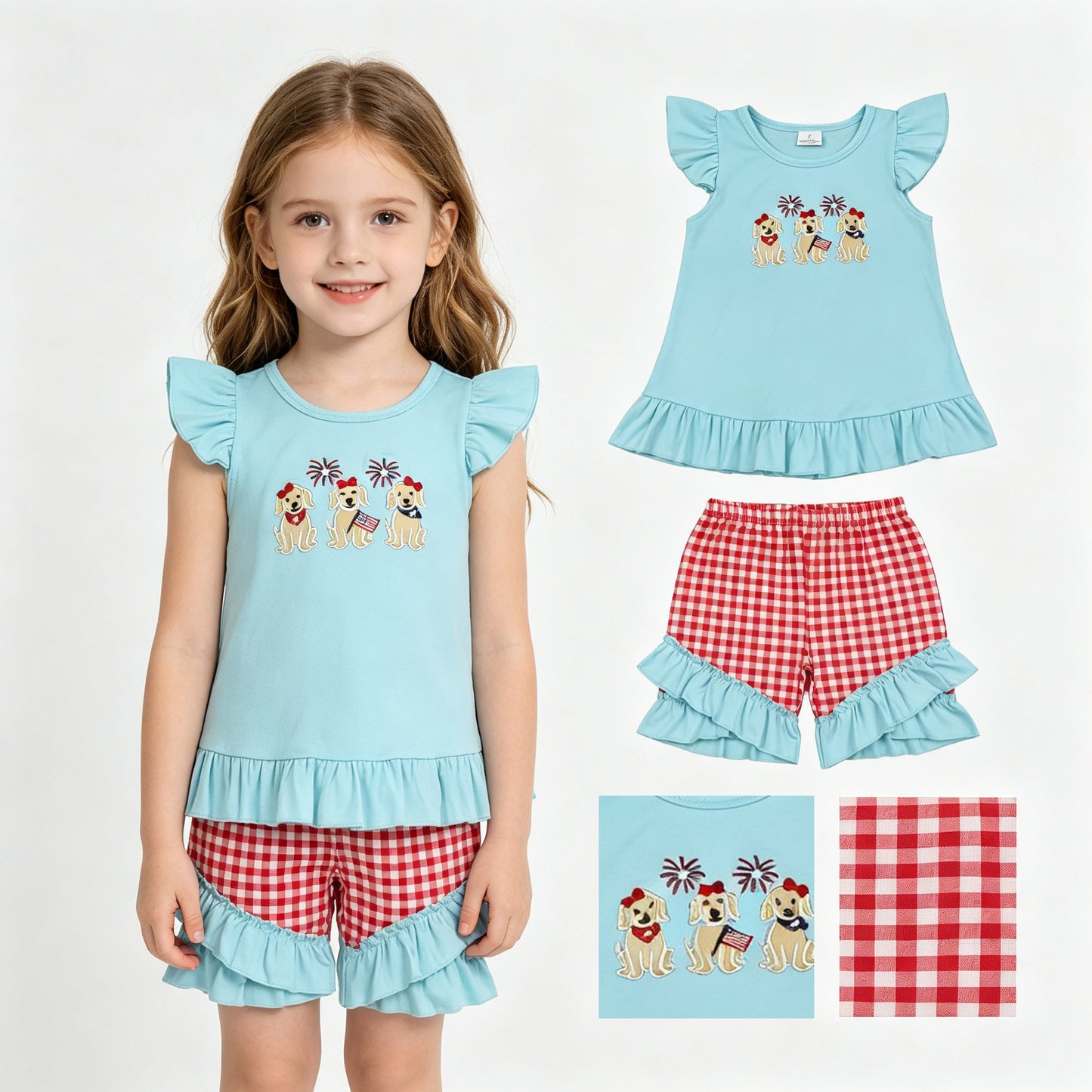 Embroidery America flag dog top matching shorts girls summer outfit