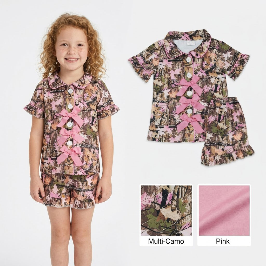 Pink bow camo top matching shorts girls pajama set