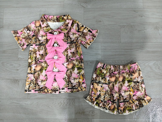 Pink bow camo top matching shorts girls pajama set preorder