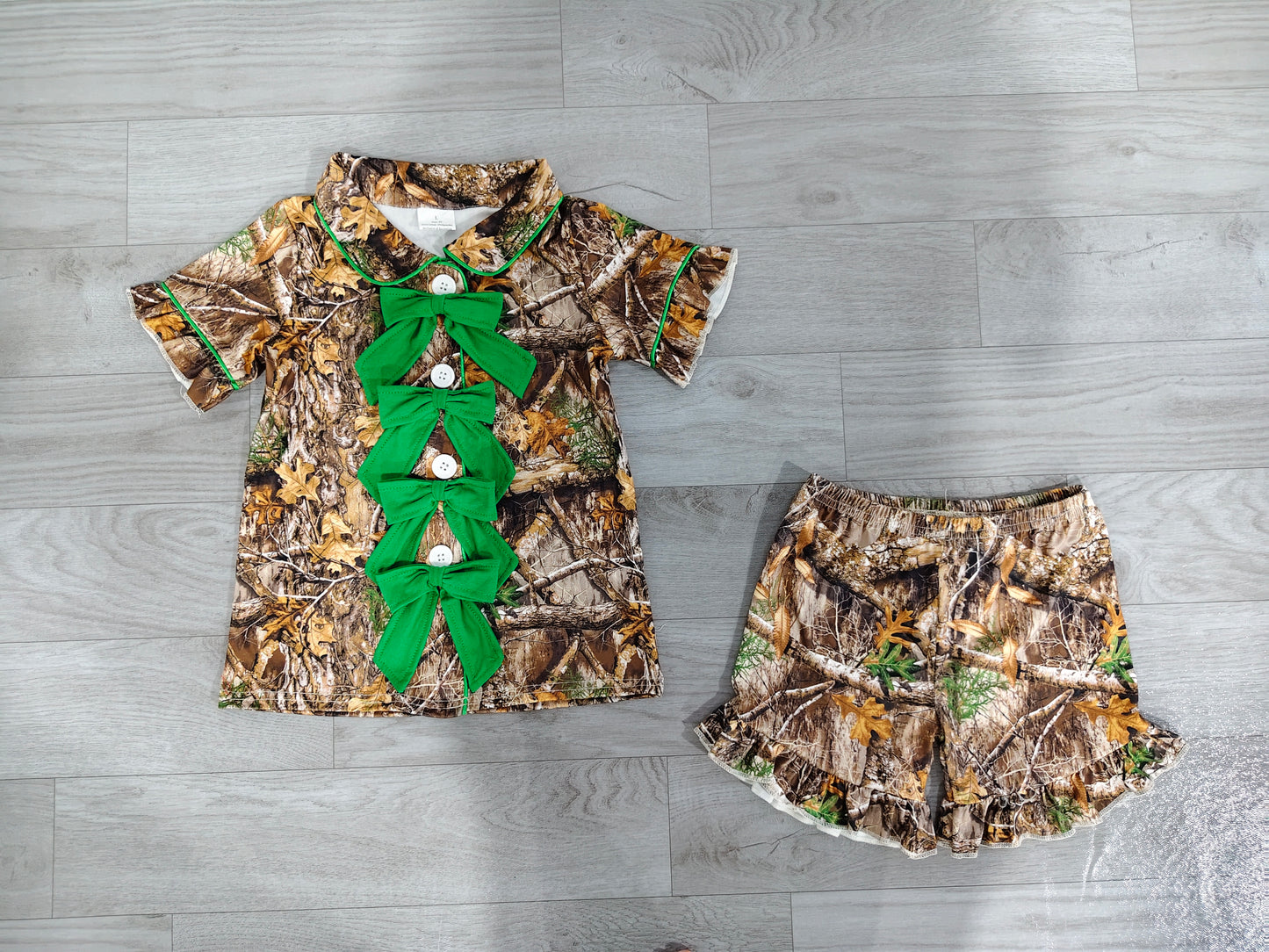 Green bow camo top matching shorts girls pajama set preorder