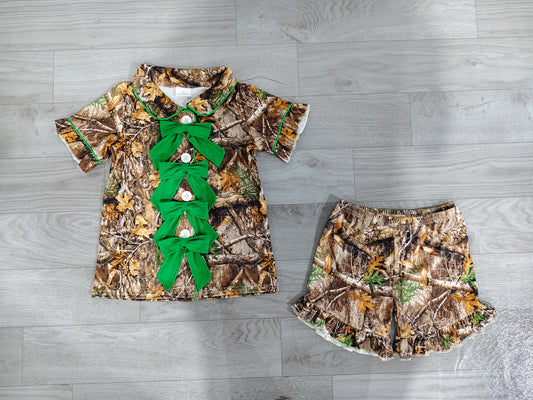 Green bow camo top matching shorts girls pajama set preorder
