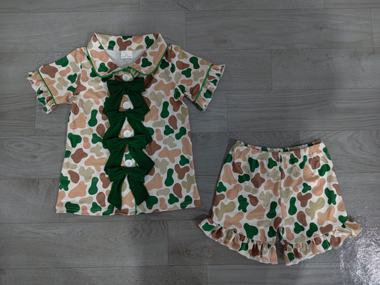 Green brown camo top matching shorts girls pajama set preorder