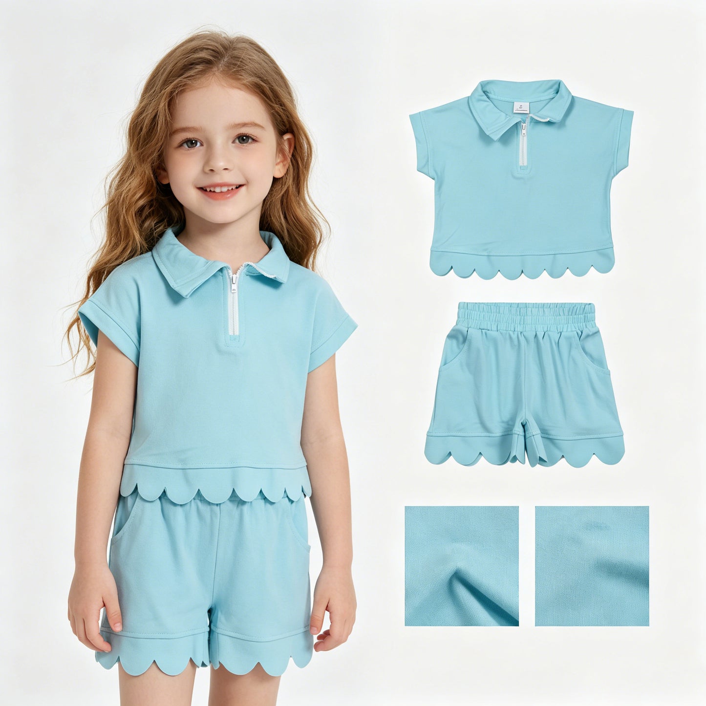 Blue short sleeve top matching shorts girls summer outfit