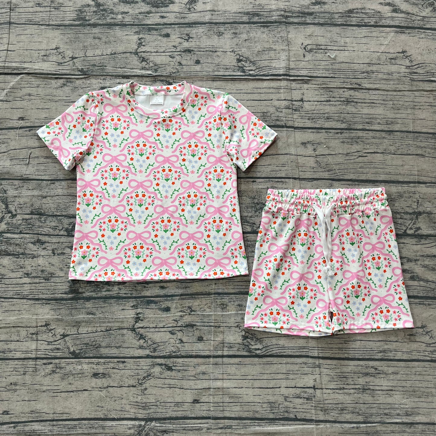 Pink bow flowers short sleeve top matching shorts girls summer outfit preorder