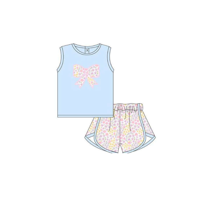 Floral bow top matching shorts girls summer outfit preorder