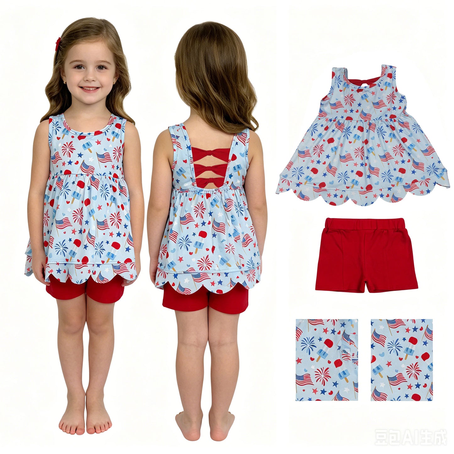 America flag top matching shorts girls summer outfit