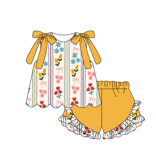 Pink yellow flowers top matching shorts girls summer outfit preorder
