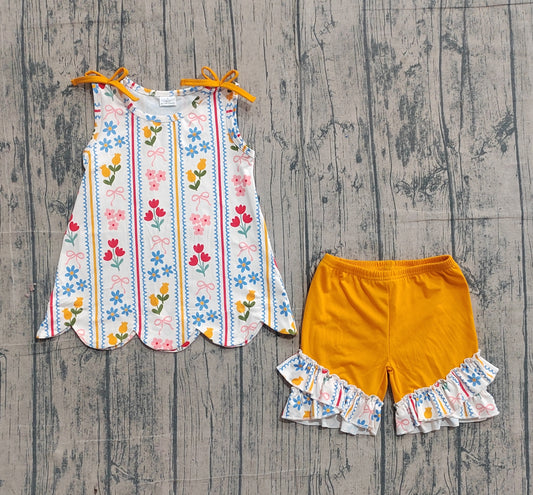Pink yellow flowers top matching shorts girls summer outfit preorder