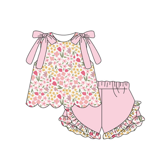 Pink flowers top matching shorts girls summer outfit preorder