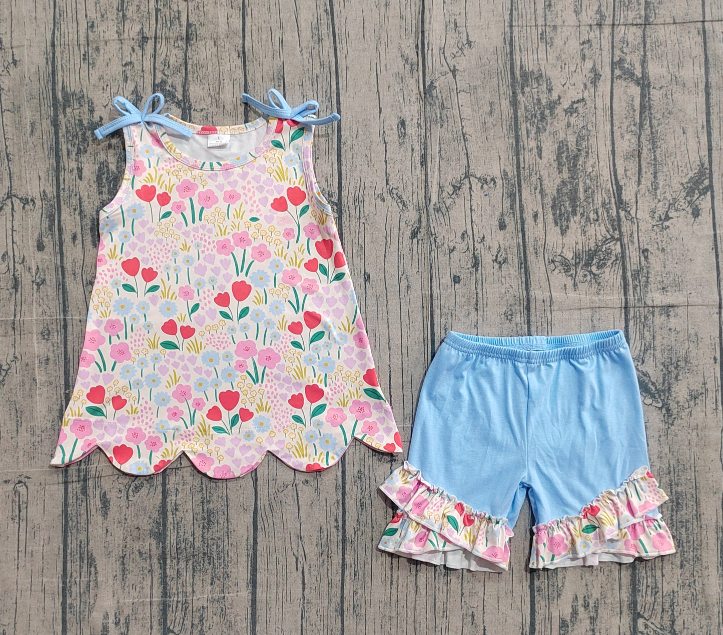 Red yellow flowers top matching shorts girls summer outfit preorder
