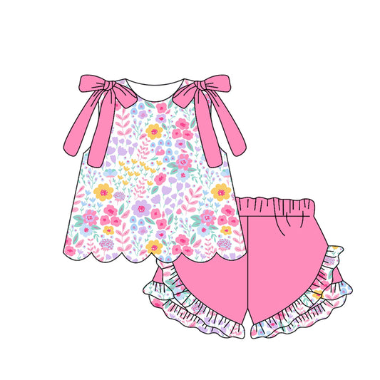 Pink yellow flowers top matching shorts girls summer outfit preorder
