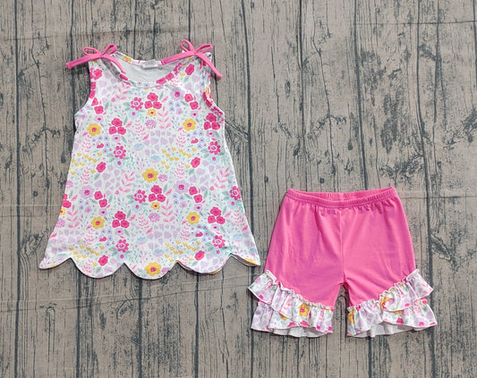 Pink yellow flowers top matching shorts girls summer outfit preorder