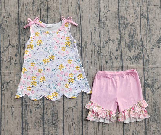 Pink blue flowers top matching shorts girls summer outfit preorder
