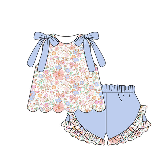 Pink blue flowers top matching shorts girls summer outfit preorder