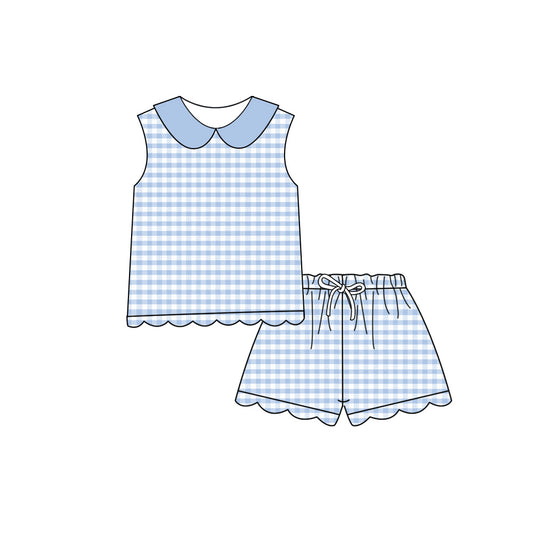 Blue plaid top matching shorts girls summer outfit preorder