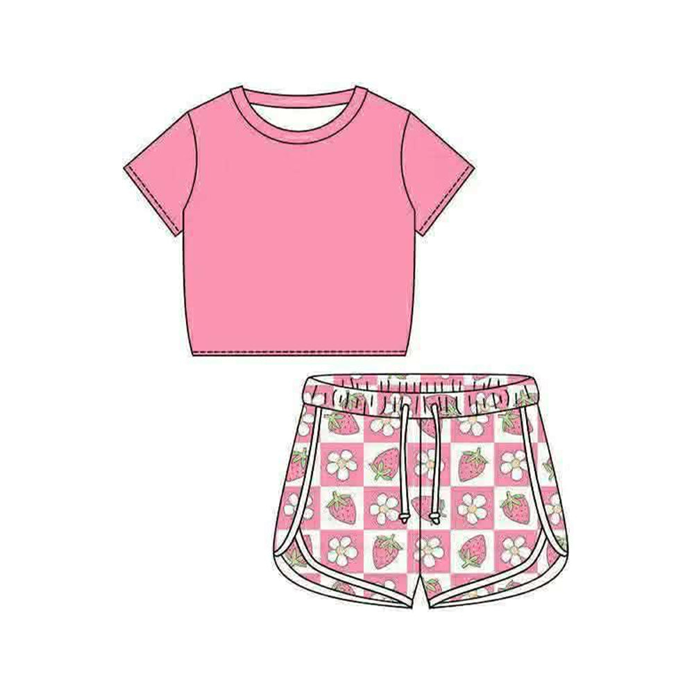 Pink top matching strawberry shorts girls summer outfit preorder