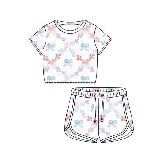 Blue bow top matching shorts girls summer outfit preorder