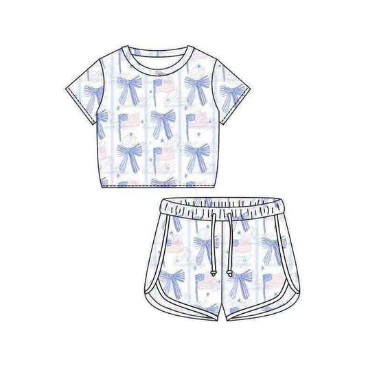 July 4th Blue bow top matching shorts girls summer outfit preorder