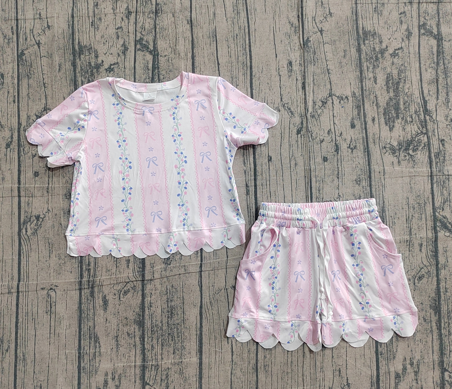 Pink blue bow design top matching shorts girls summer outfit preorder