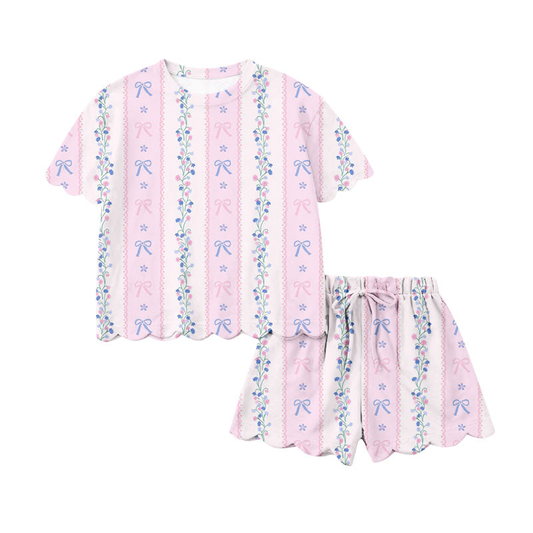 Pink blue bow design top matching shorts girls summer outfit preorder