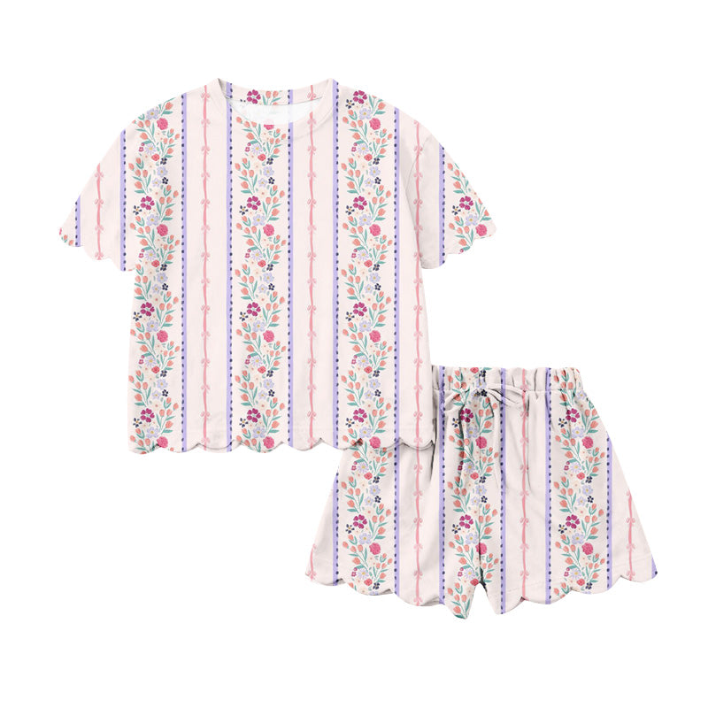 Floral bow design top matching shorts girls summer outfit preorder