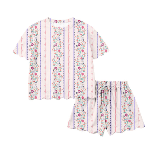 Floral bow design top matching shorts girls summer outfit preorder