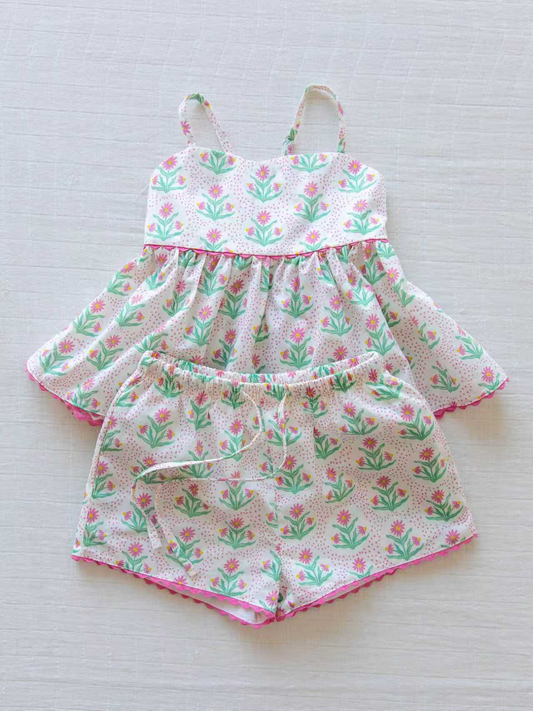 Pink flowers design top matching shorts girls summer outfit preorder