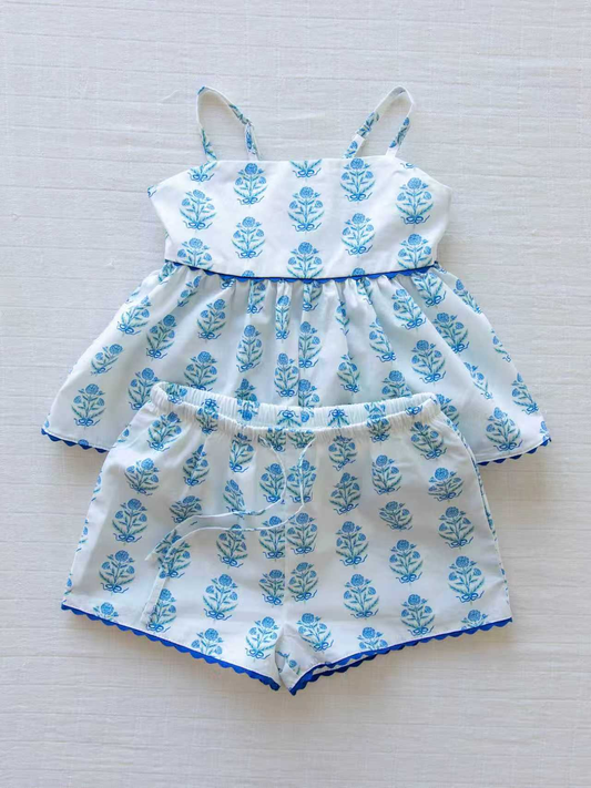 Blue flowers design top matching shorts girls summer outfit preorder