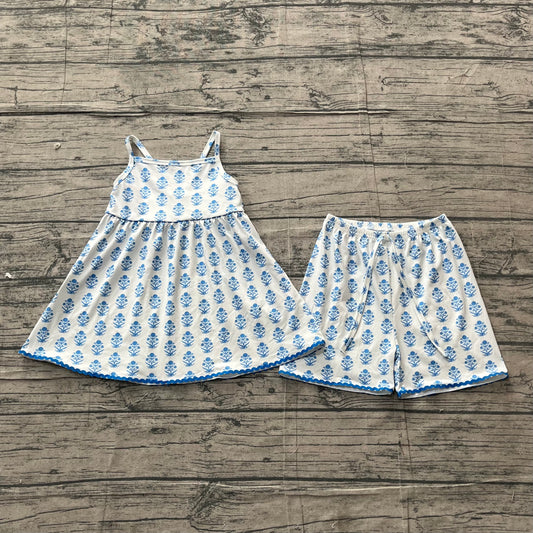 Blue flowers design top matching shorts girls summer outfit preorder