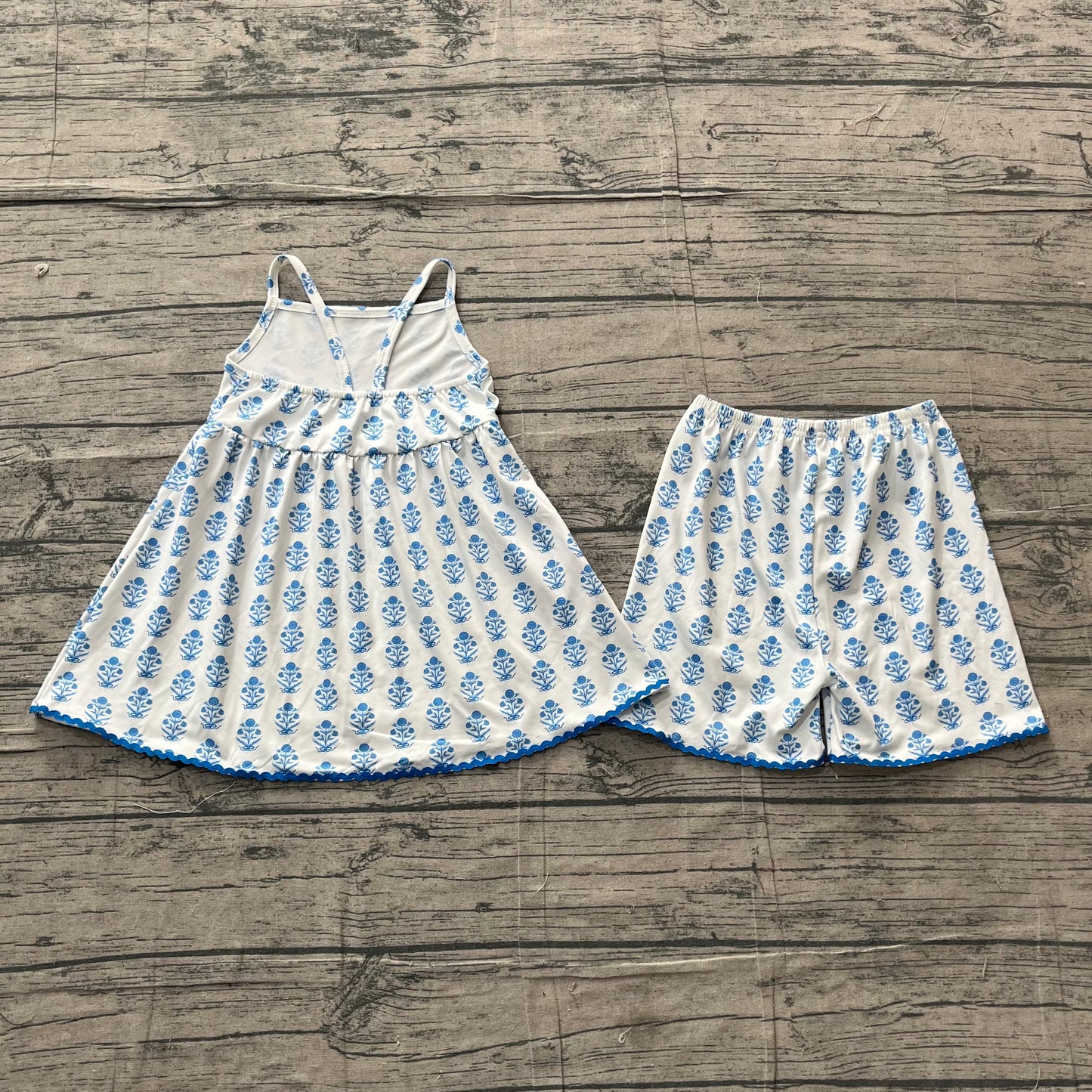 Blue flowers design top matching shorts girls summer outfit preorder