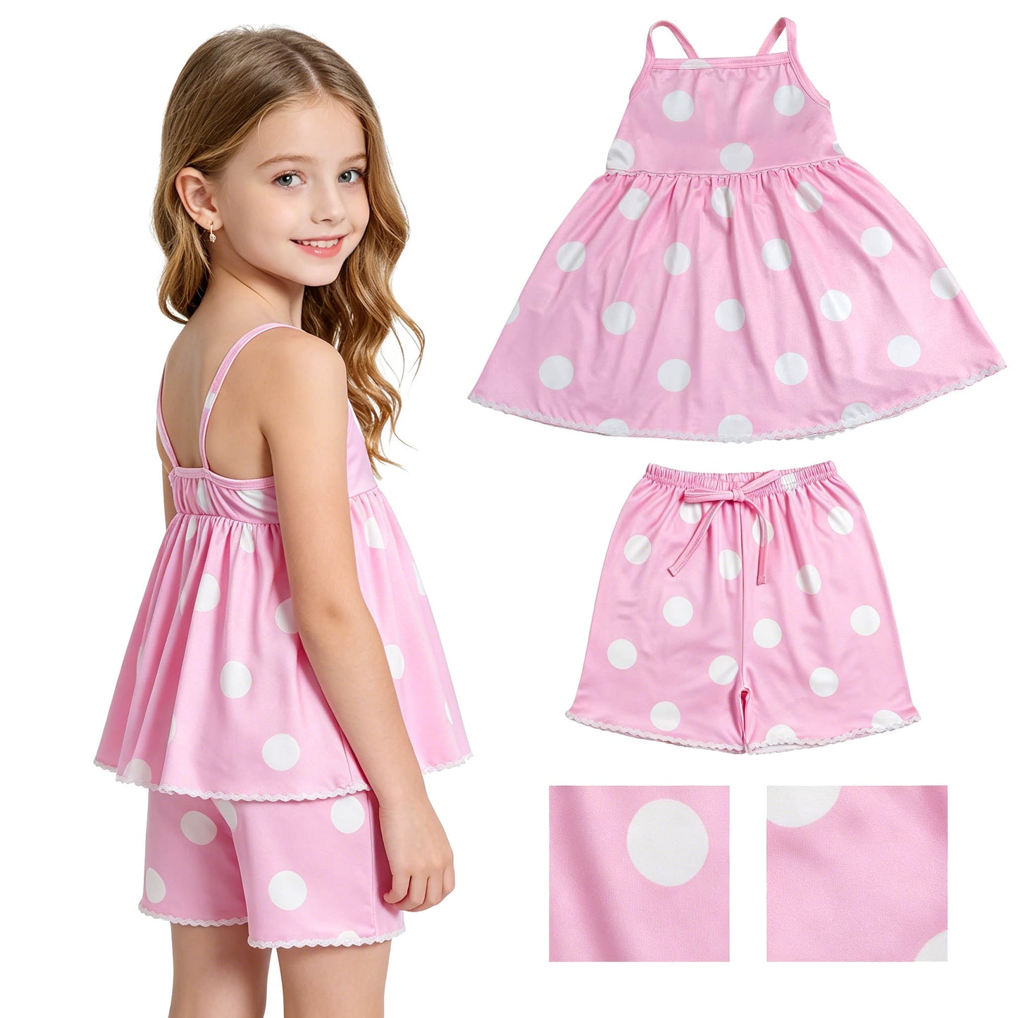 Pink dots design top matching shorts girls summer outfit