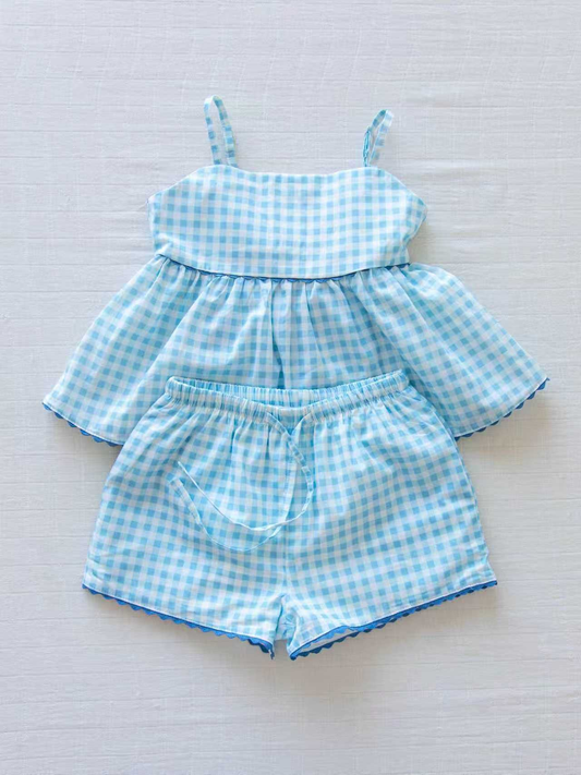 Blue plaid design top matching shorts girls summer outfit preorder