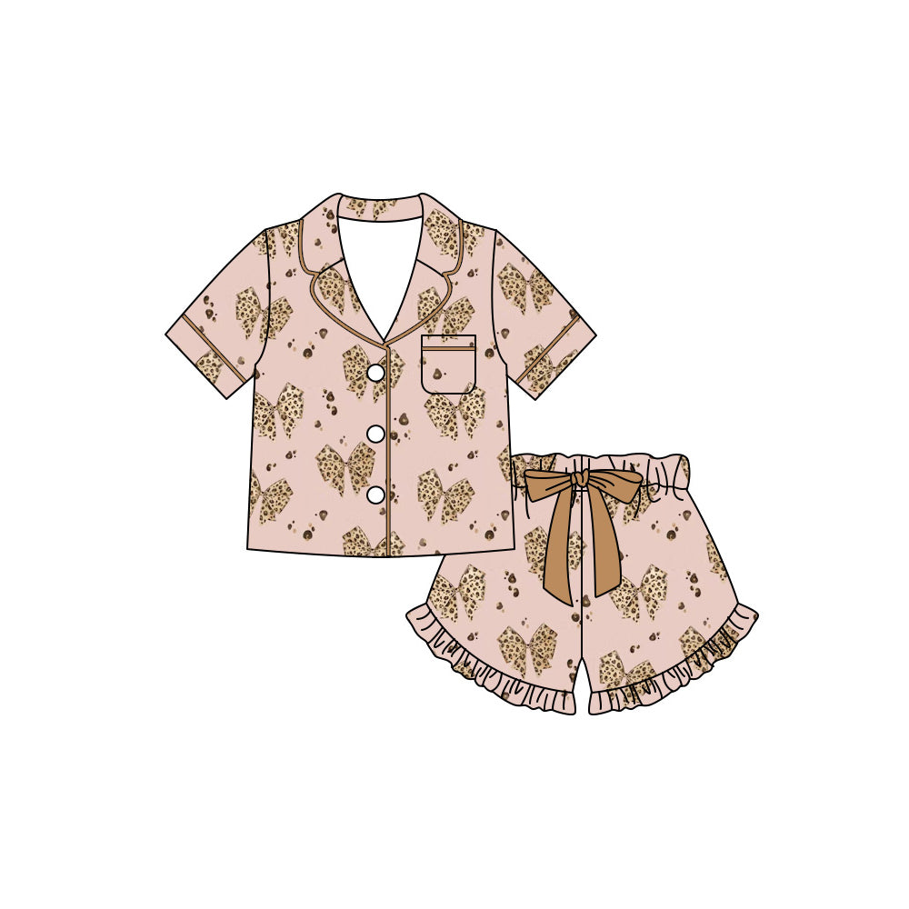 Leopard bow short sleeve top matching shorts girls pajama set preorder