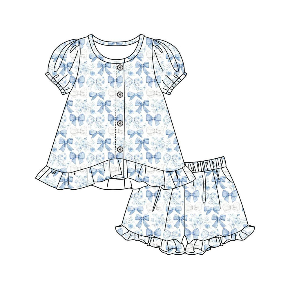 Blue bow top matching shorts girl summer outfit preorder